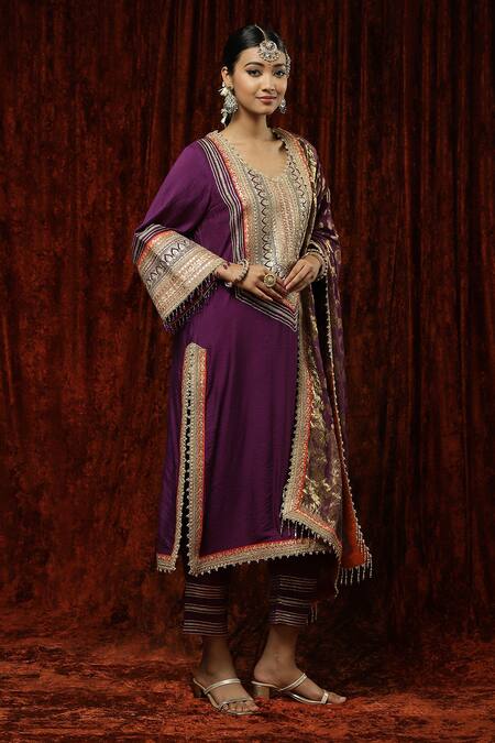 Shikhar Sharma Purple Silk Chanderi Embroidered Pearl Leaf Neck Full Sleeve Kurta Pant Set Online at Aza Fashions Shikhar Sharma_Purple Silk Chanderi Embroidered Pearl Leaf Neck Full Sleeve Kurta Pant Set _Online_at_Aza_Fashions