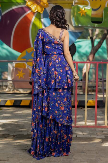 Irrau By Samir Mantri_Multi Color Chiffon Embroidery Asymmetric Floral Print Top Gharara Set _Online_at_Aza_Fashions