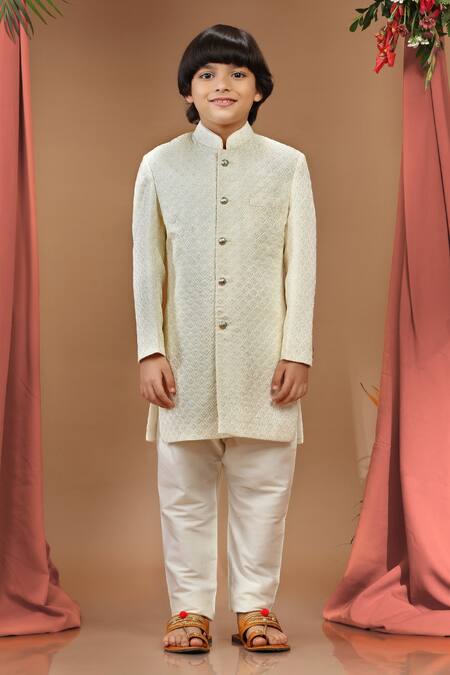 Kora By Nilesh Mitesh_Cream Silk Embroidery Thread Sherwani Set_Online_at_Aza_Fashions