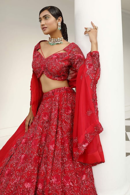 Miku Kumar_Red Silk, Satin Sequins, Embroidery Tonal Embellished Bridal Lehenga Set _Online_at_Aza_Fashions