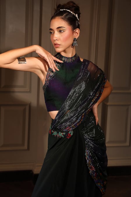 Shilpi Gupta_Blue Blouse Viscose Dupion And Saree Ombre Pre-draped With Neck  _Online_at_Aza_Fashions