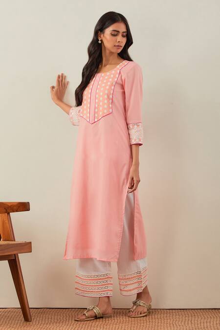 The Indian Cause_Peach Cotton Mirrors, Beads Round Neck Rooh Yoke Embroidered Kurta _Online_at_Aza_Fashions