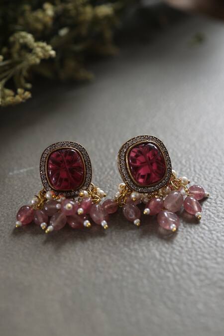 Paisley Pop_Pink Diamonds, Pearls Victorian Polki Pendant Necklace Jewellery Set _Online_at_Aza_Fashions