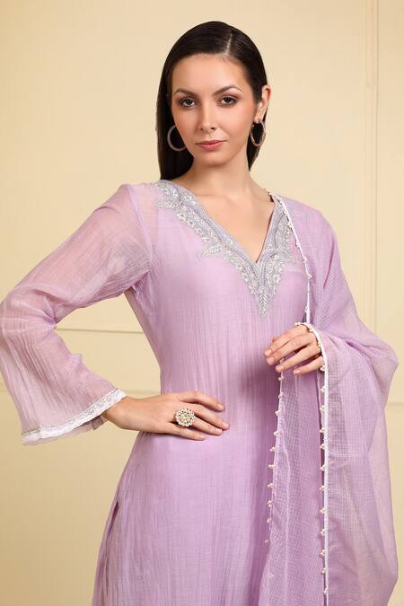 Buy_Neha Khullar_Purple Silk, Muslin, Pearls, Neckline Embroidered Kurta Set _Online_at_Aza_Fashions