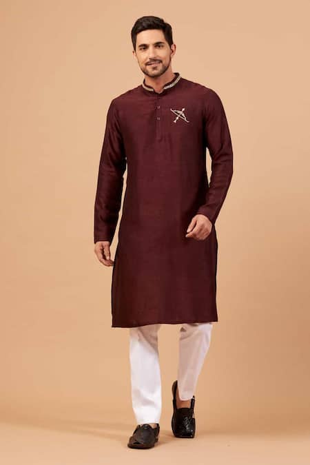 Hilo Design_Maroon Cotton, Silk, Lycra Embroidery Adira Placement Kurta Set _Online_at_Aza_Fashions