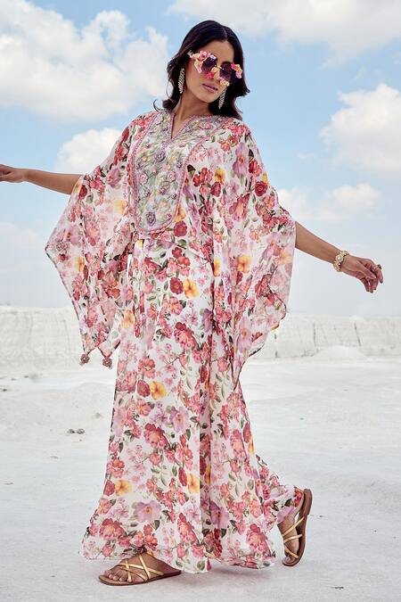 Nikita Vishakha_Pink Organza, Georgette Embroidery V-neck Floral Print Kaftan And Flared Pant Set _Online_at_Aza_Fashions