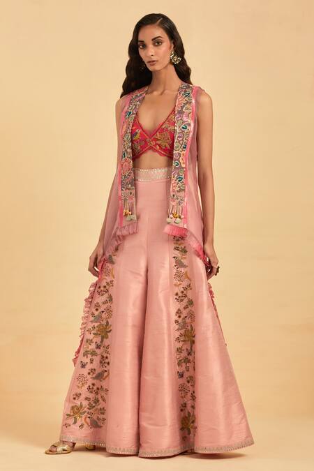 Aum By Asit And Ashima Pink Silk Embroidery V-neck Sheer Placement Cape Sharara Set Online at Aza Fashions Aum By Asit And Ashima_Pink Silk Embroidery V-neck Sheer Placement Cape Sharara Set _Online_at_Aza_Fashions