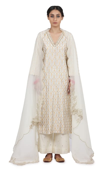 Seema Nanda_Ivory Chanderi Silk, Cotton Mul And Organza Lining Deep Kurta Palazzo Set_Online_at_Aza_Fashions
