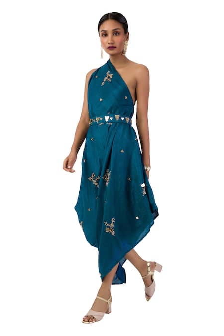 Meghna Shah_Blue Denim Beads, Sequins, Cut Work, Mirrors One Shoulder Draped Dress _Online_at_Aza_Fashions