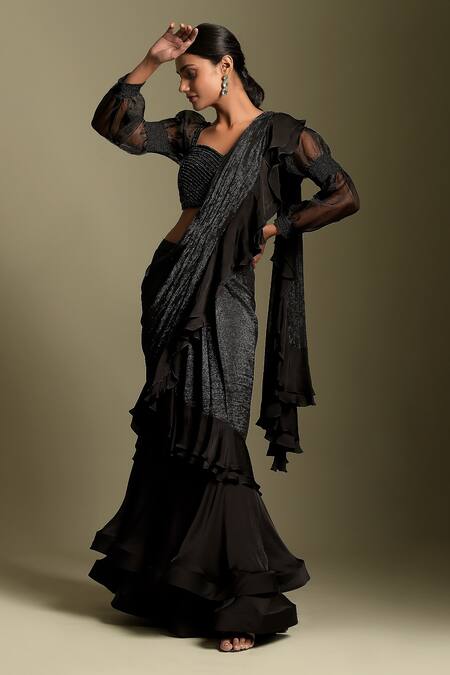 Shop Black and Peach embroiderd Ruffle Saree Party Wear Online at Best  Price | Cbazaar