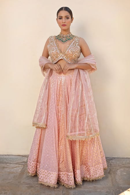 Neha Khullar_Pink Organza, Net, Chanderi Silk, Cotton Woven Pattern Flared Bridal Lehenga Set _Online_at_Aza_Fashions