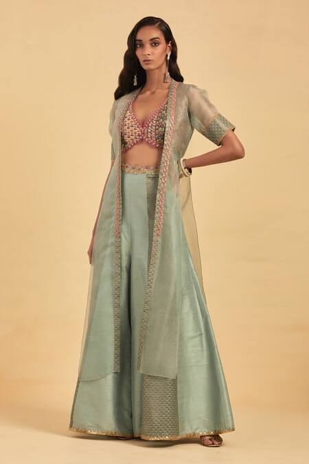 Aum By Asit And Ashima Blue Silk Embroidery Zari V Neck Placement Cape Palazzo Set Online at Aza Fashions Aum By Asit And Ashima_Blue Silk Embroidery Zari V Neck Placement Cape Palazzo Set_Online_at_Aza_Fashions