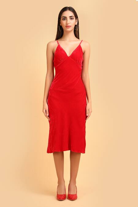 Label Ivish_Red Silk, Velvet Plunge Neck Gathered Yoke Dress _Online_at_Aza_Fashions