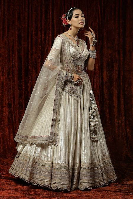 Shikhar Sharma Silver Cotton, Chanderi, Net Beads, Chandi Gulab Chhadee Bridal Lehenga Set Online at Aza Fashions Shikhar Sharma_Silver Cotton, Chanderi, Net Beads, Chandi Gulab Chhadee Bridal Lehenga Set _Online_at_Aza_Fashions