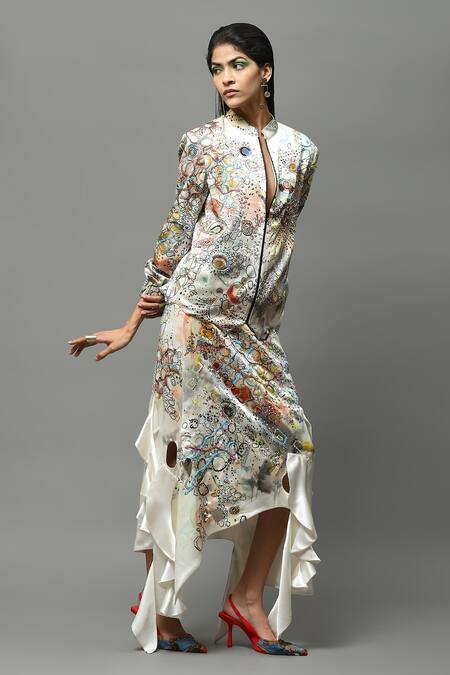 AK-OK_Multi Color Satin Printed Abstract Pattern Handkerchief Hem Skirt_Online_at_Aza_Fashions