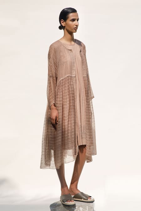 Urvashi Kaur_Beige Linen Open Neck Misty Pleated Overlay _Online_at_Aza_Fashions