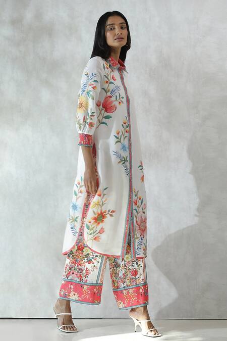 RANNA GILL_Multi Color Viscose Linen Print Floral Bouquet Collared Neck Kurta _Online_at_Aza_Fashions