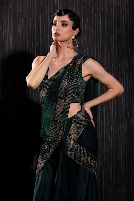 Shilpi Gupta Green Silk Satin Cut Work V-neck Embroidered Pre-draped Saree With Blouse Online at Aza Fashions Shilpi Gupta_Green Silk Satin Cut Work V-neck Embroidered Pre-draped Saree With Blouse _Online_at_Aza_Fashions