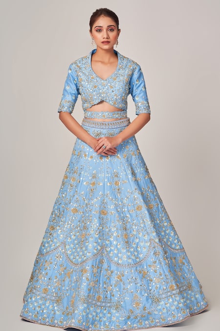 Tamaraa By Tahani_Blue Net, Silk Taffeta Cutdana, Sequins V Doris Floral Embellished Lehenga Set _Online_at_Aza_Fashions