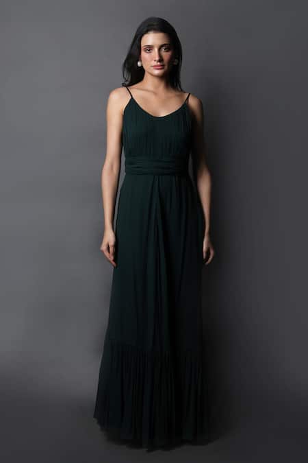 Swatee Singh_Green Georgette Round Neck Strappy Ruched Gown _Online_at_Aza_Fashions