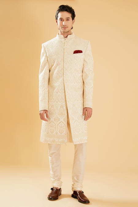 Raghavendra Rathore Blue Off White Silk Sequins Embroidered Achkan Online at Aza Fashions Raghavendra Rathore Blue_Off White Silk Sequins Embroidered Achkan _Online_at_Aza_Fashions