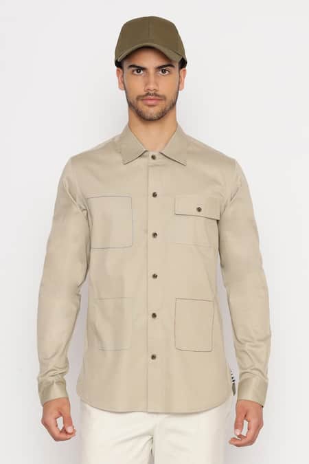 Lacquer Embassy_Beige Cotton Harcourt Flap Pocket Shirt _Online_at_Aza_Fashions