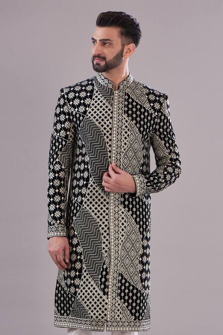 Kasbah_Black Velvet, Cotton Embroidery Sherwani Set _Online_at_Aza_Fashions