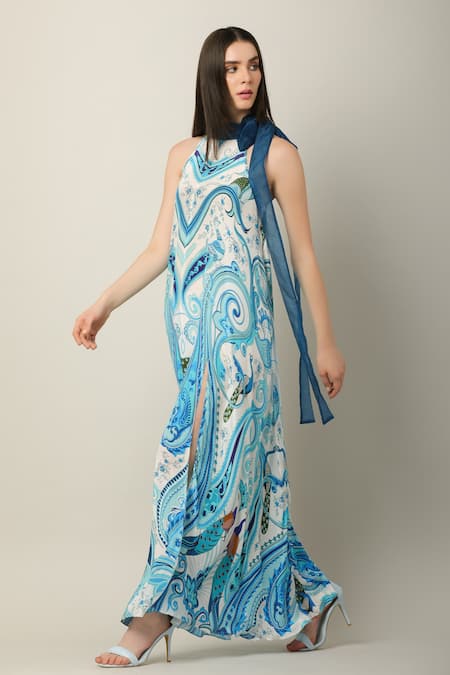 Limerick By Abirr N' Nanki Multi Color Organza, Crepe Halter Neck Inez Statement Print Maxi Dress Online at Aza Fashions Limerick By Abirr N' Nanki_Multi Color Organza, Crepe Halter Neck Inez Statement Print Maxi Dress _Online_at_Aza_Fashions