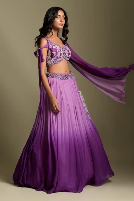 Two Sisters By Gyans_Purple Blouse Raw Silk, Lehenga Georgette Sequin And Ombre & Embroidered Set _Online_at_Aza_Fashions