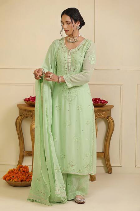Esha Koul_Green Georgette Embroidered And Embellished Chikankari Notched Round Kurta Set_Online_at_Aza_Fashions