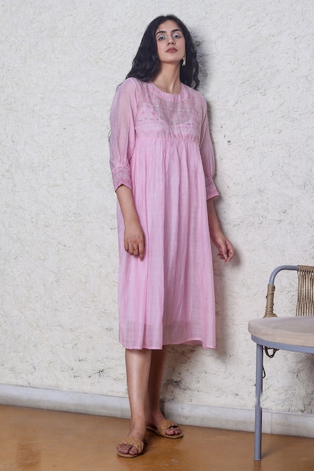 Tatwa_Pink Handloom Cotton, Viscose Embroidery Round Neck Chanderi Yoke Dress _Online_at_Aza_Fashions