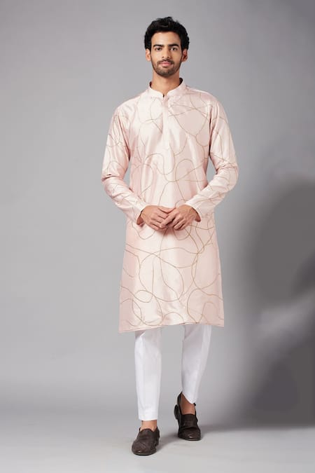 Hilo Design_Peach Cotton, Lycra Zari, Embroidery Ilaria Kurta Set _Online_at_Aza_Fashions