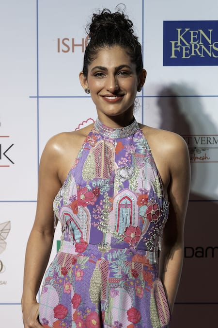 Krisha Sunny Ramani_Purple Crepe Embroidery, Beads Halter Neck Floral Print And Jumpsuit _Online_at_Aza_Fashions