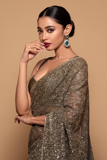 Pallavi Poddar_Green Net, Velvet, Cotton Crystals, Luka Chupi Embellished Saree With Blouse _Online_at_Aza_Fashions