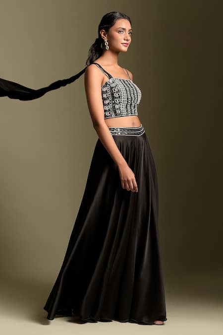 Two Sisters By Gyans_Black Bustier Crepe, Pants Satin Sequin, Mirror And Embroidered Blouse & Set _Online_at_Aza_Fashions