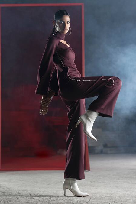 Pocketful Of Cherrie_Purple Crepe Embroidery Keyhole Neck Jumpsuit_Online_at_Aza_Fashions