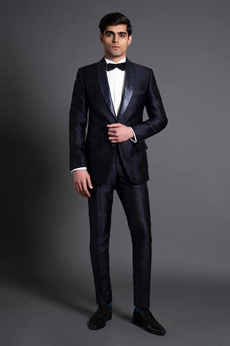 Raghavendra Rathore Jodhpur_Blue Brocade Embroidery Floral Shawl Collar Tuxedo _Online_at_Aza_Fashions