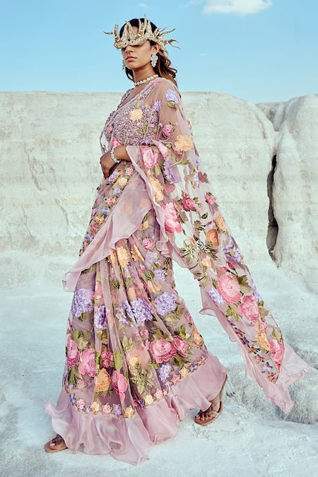 Buy Nikita Vishakha Purple Organza, Jacquard, Net Embroidery V-neck Pre-draped Saree With Blouse Online at Aza Fashions Buy_Nikita Vishakha_Purple Organza, Jacquard, Net Embroidery V-neck Pre-draped Saree With Blouse _Online_at_Aza_Fashions