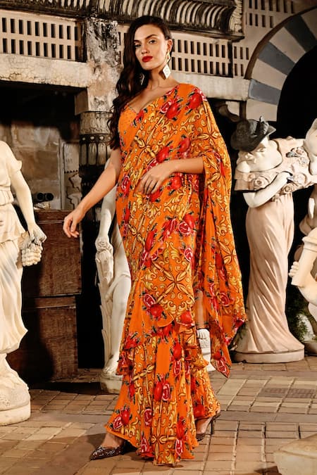 Sanam_Orange Silk, Chiffon Crystals Amore Ruffle Pre Draped Saree With Blouse _Online_at_Aza_Fashions