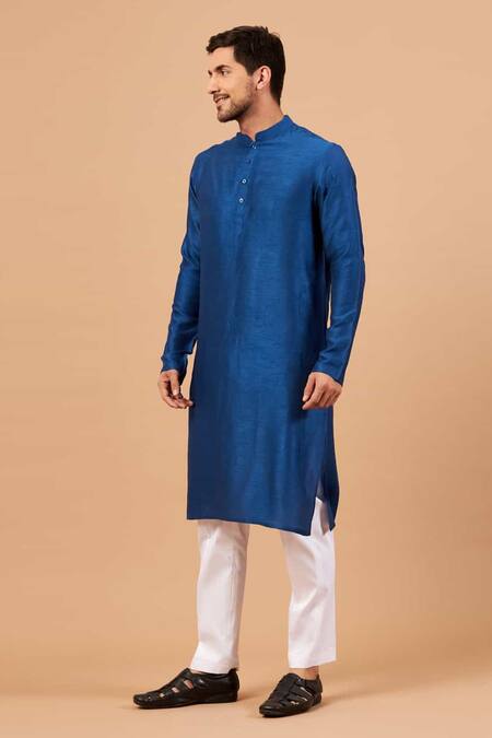 Hilo Design_Blue Cotton, Lycra, Silk Solid Straight Kurta Set _Online_at_Aza_Fashions