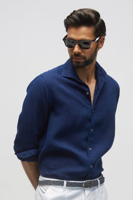 Terra Luna Blue 100% Linen Spread Collar Shirt Online at Aza Fashions Terra Luna_Blue 100% Linen Spread Collar Shirt _Online_at_Aza_Fashions