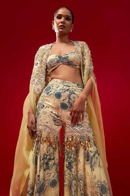 Bhumika Sharma Blue Organza, Georgette Embroidery, Floral Cape And Blossom Print Sharara Set Online at Aza Fashions Bhumika Sharma_Blue Organza, Georgette Embroidery, Floral Cape And Blossom Print Sharara Set _Online_at_Aza_Fashions