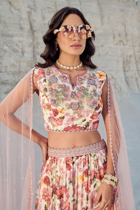 Nikita Vishakha_Purple Georgette, Modal, Mohair Embroidery Split Floral Print Tiered Lehenga Set _Online_at_Aza_Fashions