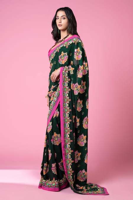 Siddhartha Bansal_Green Pure Crepe Embroidered Paisley Royal Print Saree With Blouse  _Online_at_Aza_Fashions