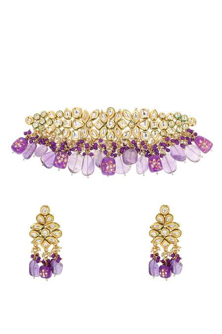 Ishhaara_Purple Stones, Beads Drop Choker Set _Online_at_Aza_Fashions