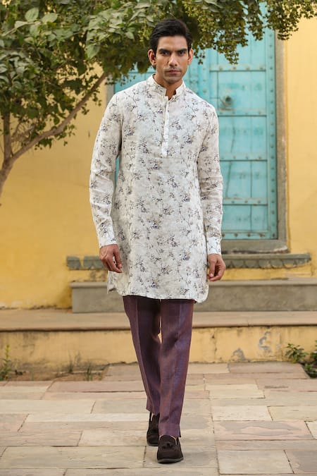 Raw & Rustic By Niti Bothra_Cream Linen Embroidery Floral Print Kurta _Online_at_Aza_Fashions
