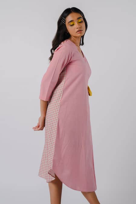 Tussah By Siddhi Shah Pink Cotton Bows Round Neck Contrast Detail Dress Online at Aza Fashions Tussah By Siddhi Shah_Pink Cotton Bows Round Neck Contrast Detail Dress _Online_at_Aza_Fashions