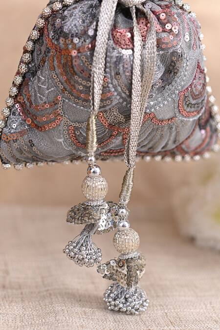 Miar Designs_Grey Sequins Gazal Hand Embroidered Potli Bag_Online_at_Aza_Fashions