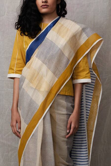Banana Labs_Blue Cotton Printed Stripe Saree_Online_at_Aza_Fashions
