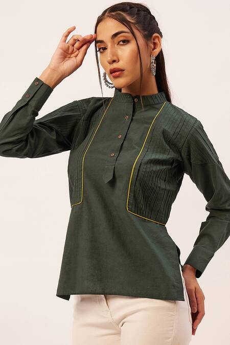 Zariya The Label_Green Cotton Piping Mandarin Collar Pintuck Side Slit Top _Online_at_Aza_Fashions
